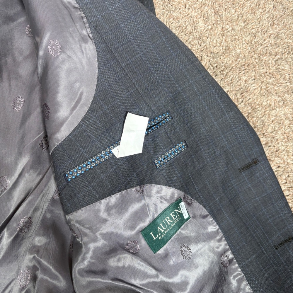 Lauren Ralph Lauren Mens 44R Suit 36x32 Charcoal Grey Blue Glen Plaid Wool Blend - Picture 7 of 16